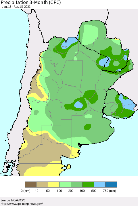 Southern South America Precipitation 3-Month (CPC) Thematic Map For 1/16/2021 - 4/15/2021