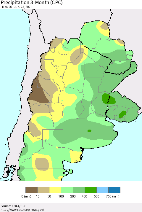 Southern South America Precipitation 3-Month (CPC) Thematic Map For 3/26/2021 - 6/25/2021