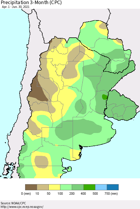 Southern South America Precipitation 3-Month (CPC) Thematic Map For 4/1/2021 - 6/30/2021