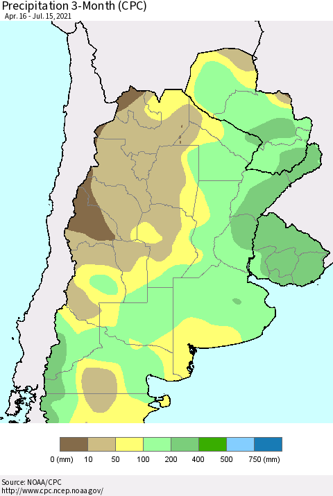 Southern South America Precipitation 3-Month (CPC) Thematic Map For 4/16/2021 - 7/15/2021