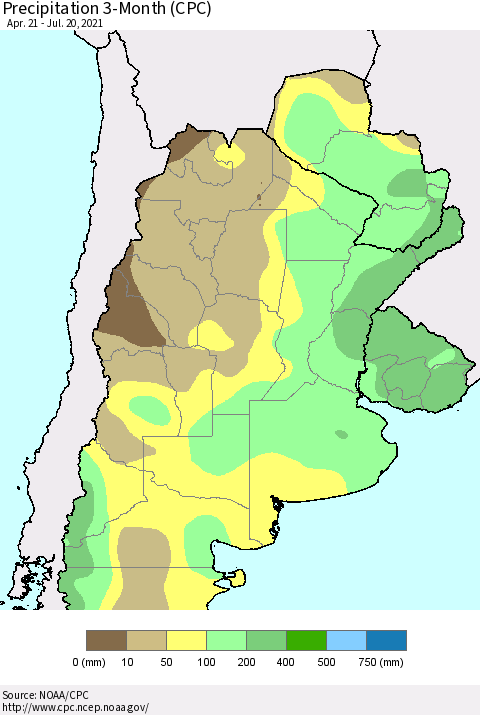 Southern South America Precipitation 3-Month (CPC) Thematic Map For 4/21/2021 - 7/20/2021