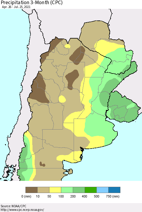 Southern South America Precipitation 3-Month (CPC) Thematic Map For 4/26/2021 - 7/25/2021