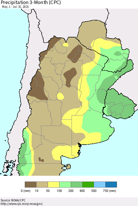 Southern South America Precipitation 3-Month (CPC) Thematic Map For 5/1/2021 - 7/31/2021