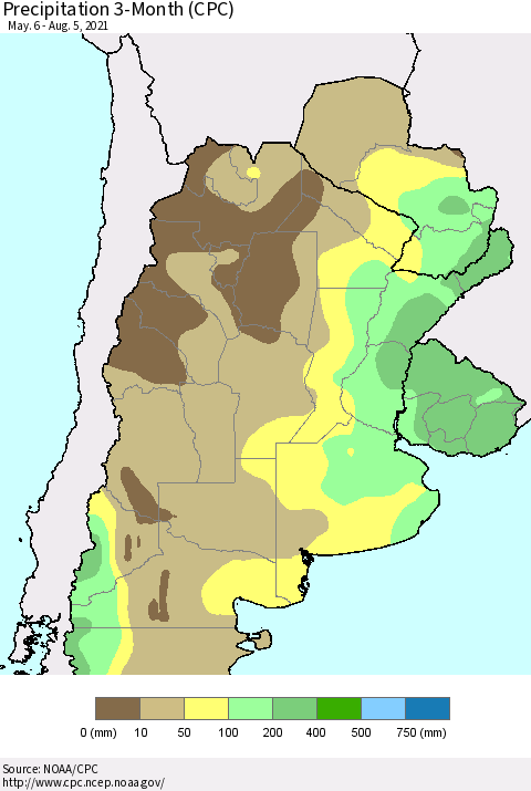 Southern South America Precipitation 3-Month (CPC) Thematic Map For 5/6/2021 - 8/5/2021