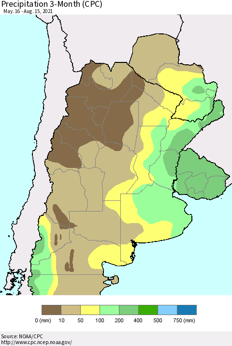 Southern South America Precipitation 3-Month (CPC) Thematic Map For 5/16/2021 - 8/15/2021