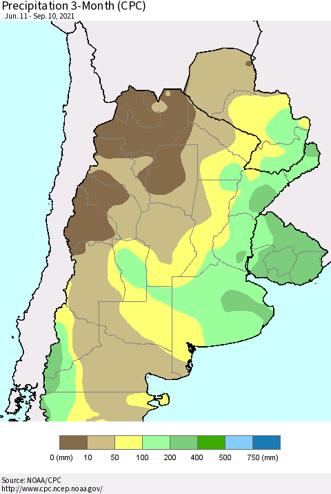 Southern South America Precipitation 3-Month (CPC) Thematic Map For 6/11/2021 - 9/10/2021