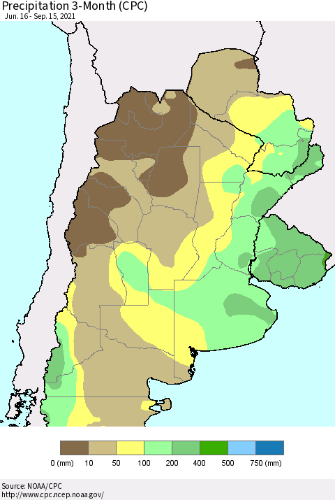 Southern South America Precipitation 3-Month (CPC) Thematic Map For 6/16/2021 - 9/15/2021