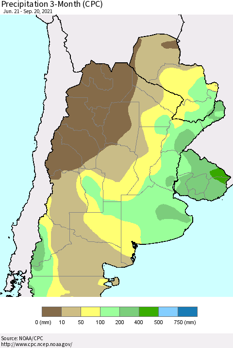 Southern South America Precipitation 3-Month (CPC) Thematic Map For 6/21/2021 - 9/20/2021