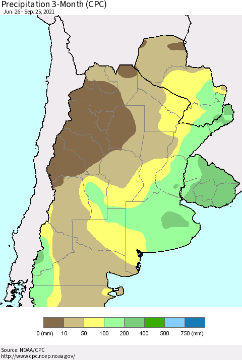 Southern South America Precipitation 3-Month (CPC) Thematic Map For 6/26/2021 - 9/25/2021
