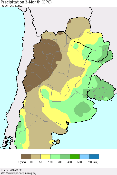 Southern South America Precipitation 3-Month (CPC) Thematic Map For 7/6/2021 - 10/5/2021