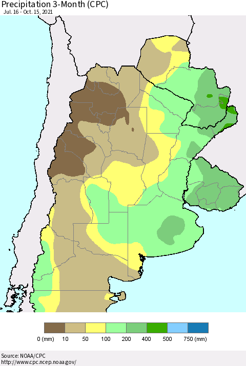 Southern South America Precipitation 3-Month (CPC) Thematic Map For 7/16/2021 - 10/15/2021