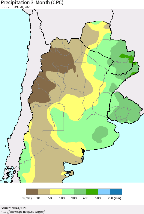 Southern South America Precipitation 3-Month (CPC) Thematic Map For 7/21/2021 - 10/20/2021