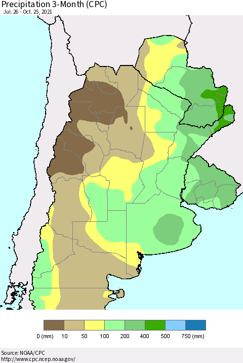 Southern South America Precipitation 3-Month (CPC) Thematic Map For 7/26/2021 - 10/25/2021