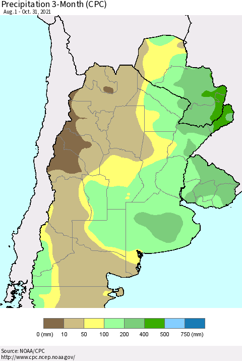 Southern South America Precipitation 3-Month (CPC) Thematic Map For 8/1/2021 - 10/31/2021