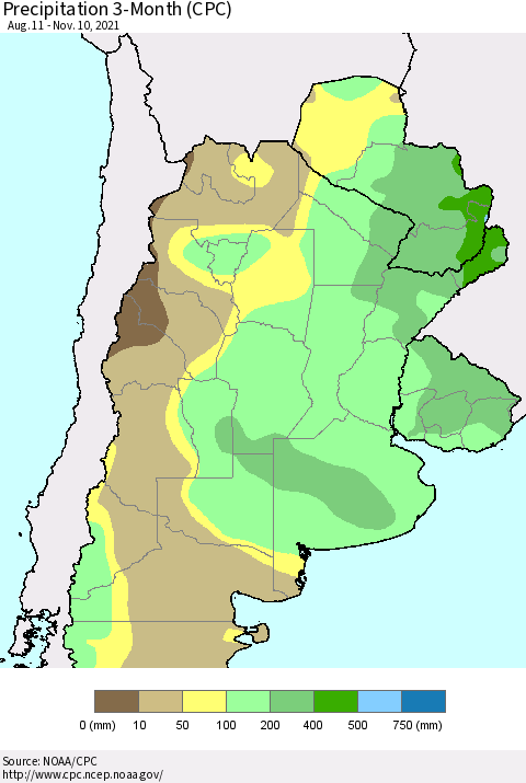 Southern South America Precipitation 3-Month (CPC) Thematic Map For 8/11/2021 - 11/10/2021