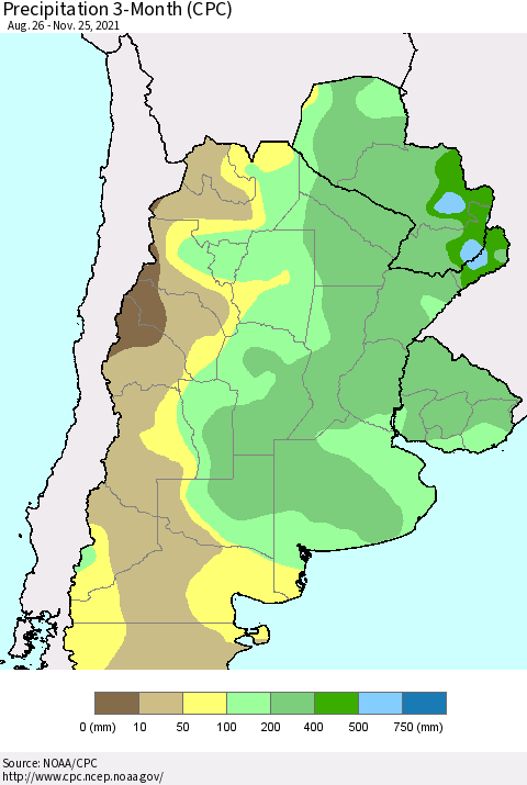 Southern South America Precipitation 3-Month (CPC) Thematic Map For 8/26/2021 - 11/25/2021