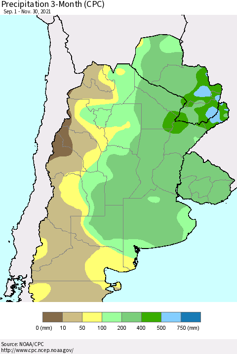 Southern South America Precipitation 3-Month (CPC) Thematic Map For 9/1/2021 - 11/30/2021