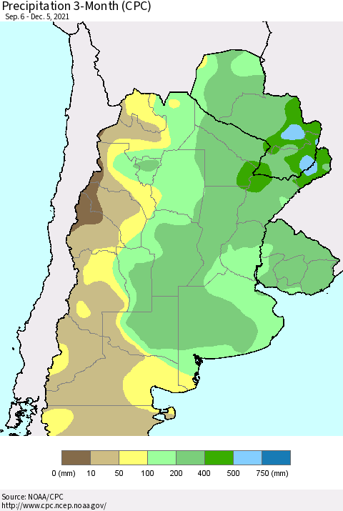 Southern South America Precipitation 3-Month (CPC) Thematic Map For 9/6/2021 - 12/5/2021