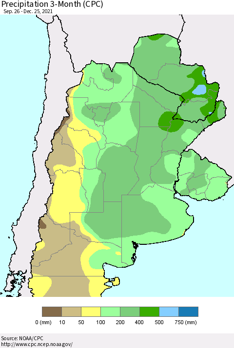 Southern South America Precipitation 3-Month (CPC) Thematic Map For 9/26/2021 - 12/25/2021