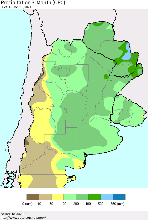 Southern South America Precipitation 3-Month (CPC) Thematic Map For 10/1/2021 - 12/31/2021