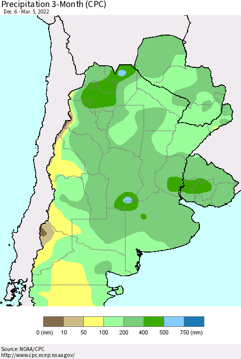 Southern South America Precipitation 3-Month (CPC) Thematic Map For 12/6/2021 - 3/5/2022