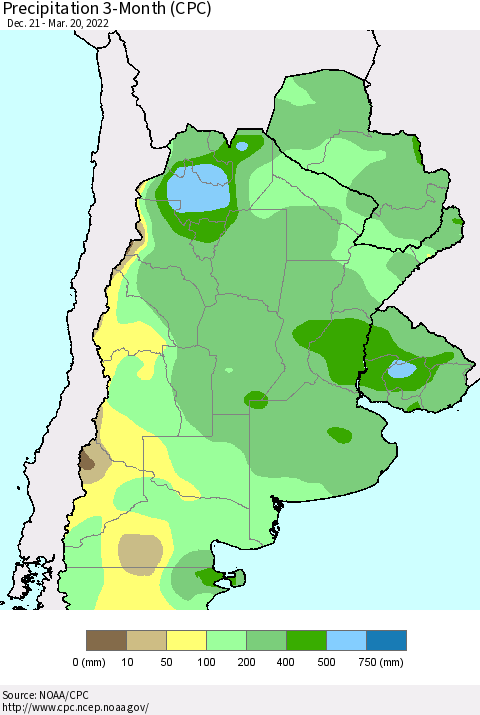 Southern South America Precipitation 3-Month (CPC) Thematic Map For 12/21/2021 - 3/20/2022