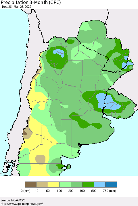 Southern South America Precipitation 3-Month (CPC) Thematic Map For 12/26/2021 - 3/25/2022