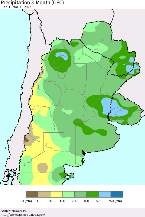 Southern South America Precipitation 3-Month (CPC) Thematic Map For 1/1/2022 - 3/31/2022