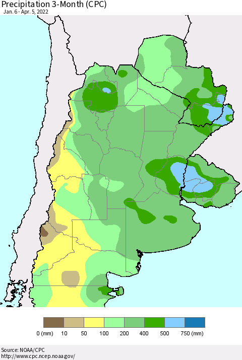 Southern South America Precipitation 3-Month (CPC) Thematic Map For 1/6/2022 - 4/5/2022