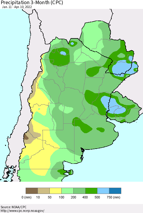 Southern South America Precipitation 3-Month (CPC) Thematic Map For 1/11/2022 - 4/10/2022