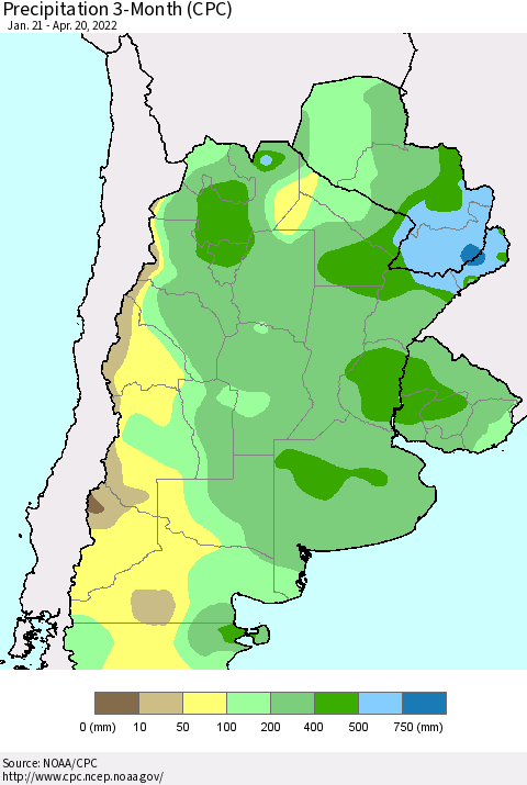 Southern South America Precipitation 3-Month (CPC) Thematic Map For 1/21/2022 - 4/20/2022