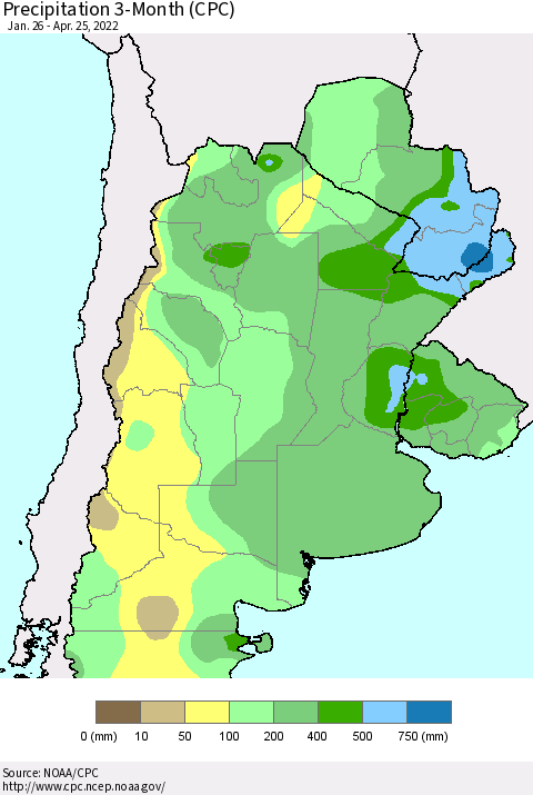 Southern South America Precipitation 3-Month (CPC) Thematic Map For 1/26/2022 - 4/25/2022