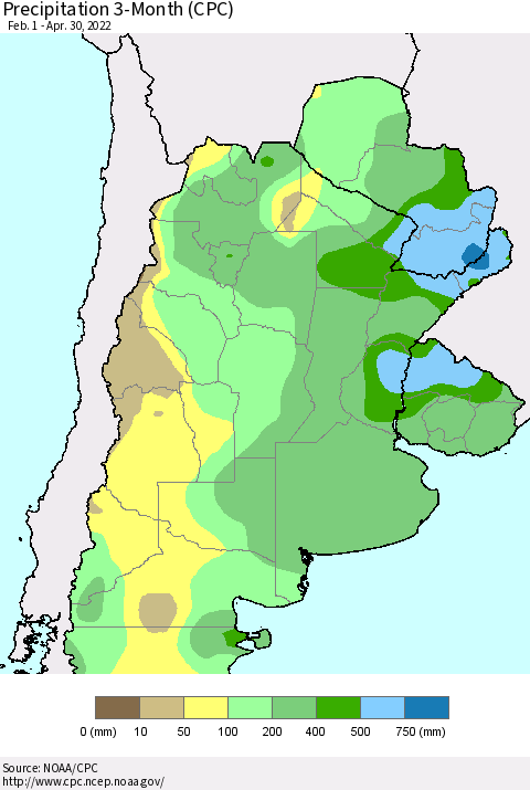 Southern South America Precipitation 3-Month (CPC) Thematic Map For 2/1/2022 - 4/30/2022