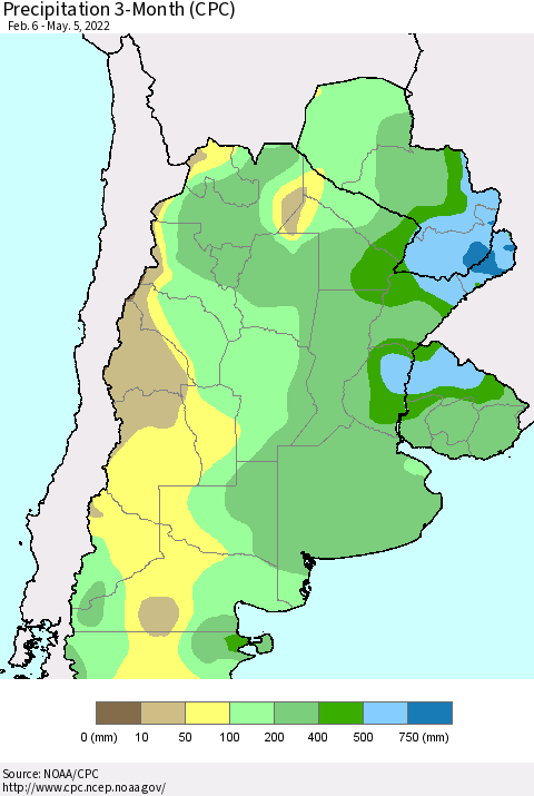 Southern South America Precipitation 3-Month (CPC) Thematic Map For 2/6/2022 - 5/5/2022