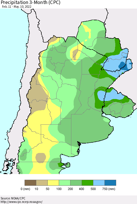 Southern South America Precipitation 3-Month (CPC) Thematic Map For 2/11/2022 - 5/10/2022