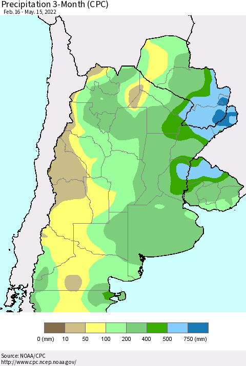 Southern South America Precipitation 3-Month (CPC) Thematic Map For 2/16/2022 - 5/15/2022