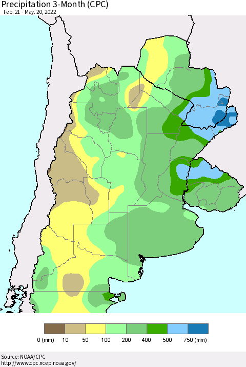 Southern South America Precipitation 3-Month (CPC) Thematic Map For 2/21/2022 - 5/20/2022
