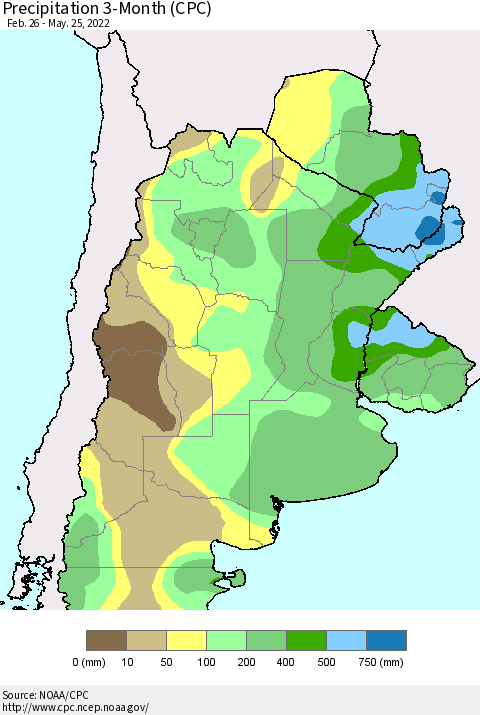 Southern South America Precipitation 3-Month (CPC) Thematic Map For 2/26/2022 - 5/25/2022
