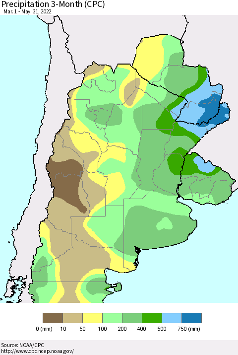 Southern South America Precipitation 3-Month (CPC) Thematic Map For 3/1/2022 - 5/31/2022