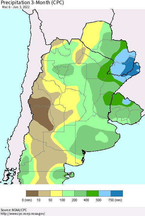 Southern South America Precipitation 3-Month (CPC) Thematic Map For 3/6/2022 - 6/5/2022