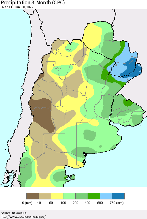 Southern South America Precipitation 3-Month (CPC) Thematic Map For 3/11/2022 - 6/10/2022