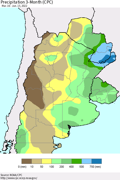 Southern South America Precipitation 3-Month (CPC) Thematic Map For 3/16/2022 - 6/15/2022