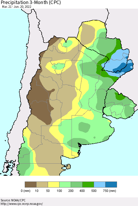 Southern South America Precipitation 3-Month (CPC) Thematic Map For 3/21/2022 - 6/20/2022