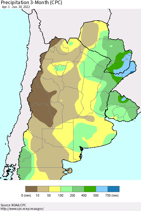 Southern South America Precipitation 3-Month (CPC) Thematic Map For 4/1/2022 - 6/30/2022