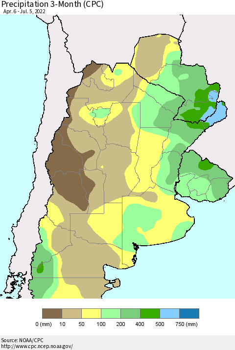 Southern South America Precipitation 3-Month (CPC) Thematic Map For 4/6/2022 - 7/5/2022