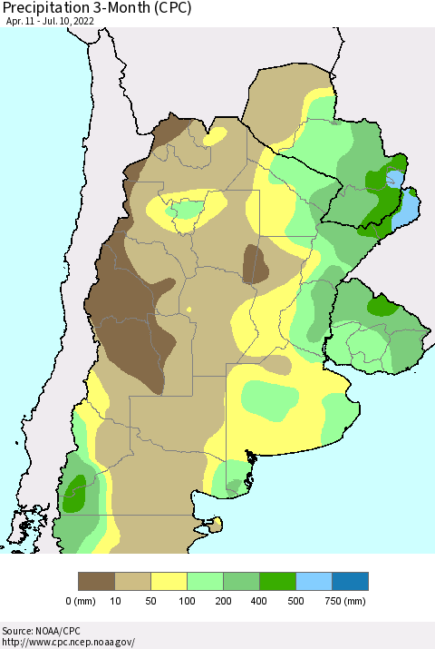 Southern South America Precipitation 3-Month (CPC) Thematic Map For 4/11/2022 - 7/10/2022