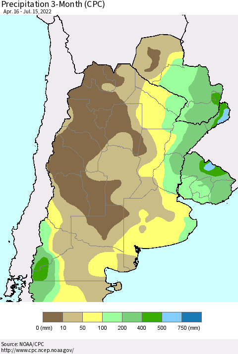 Southern South America Precipitation 3-Month (CPC) Thematic Map For 4/16/2022 - 7/15/2022