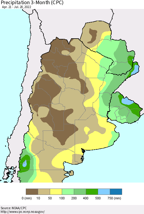 Southern South America Precipitation 3-Month (CPC) Thematic Map For 4/21/2022 - 7/20/2022