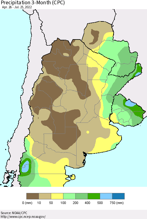 Southern South America Precipitation 3-Month (CPC) Thematic Map For 4/26/2022 - 7/25/2022