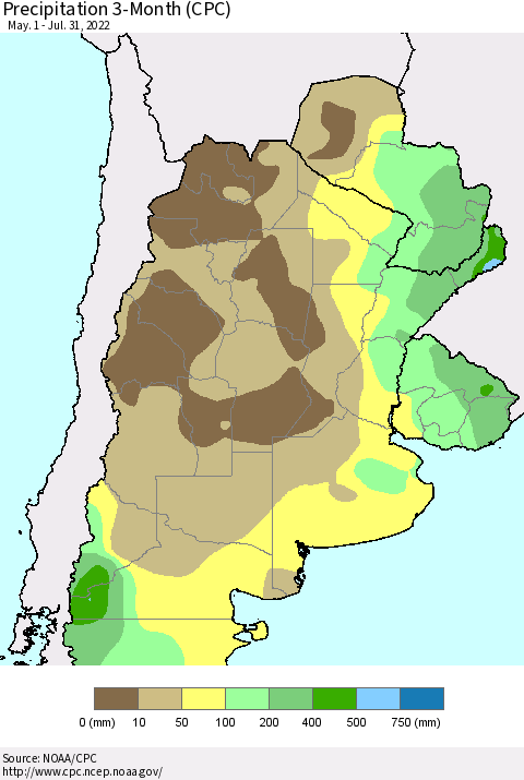 Southern South America Precipitation 3-Month (CPC) Thematic Map For 5/1/2022 - 7/31/2022